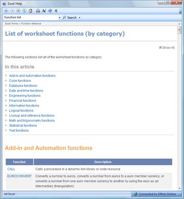 Function List for Excel 2007