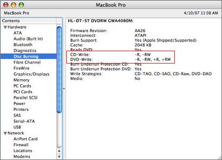 System Profiler Disc Burning info