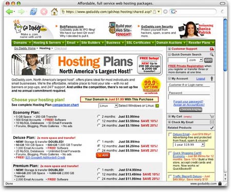 GoDaddy.com's Hosting Plans Page